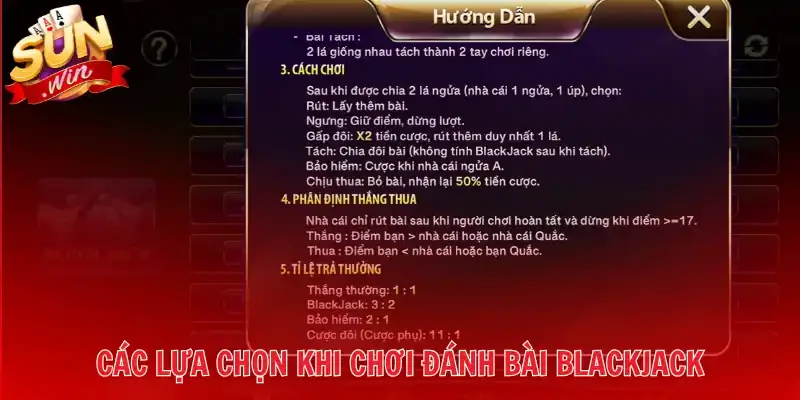 Các lựa chọn khi chơi đánh bài Blackjack