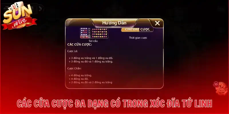 Các cửa cược đa dạng có trong xóc đĩa tứ linh
