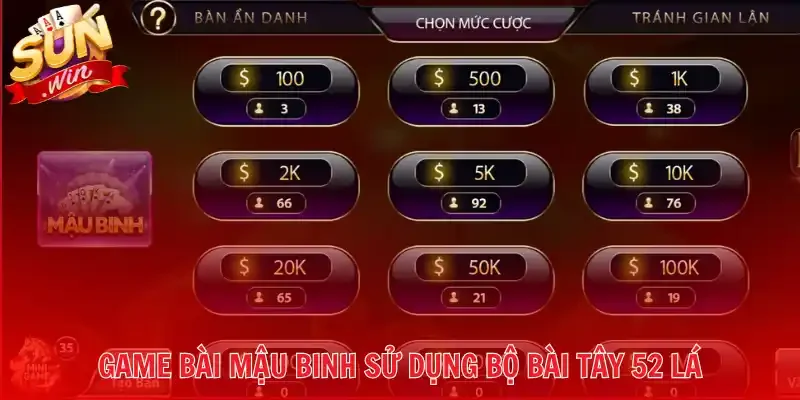 Game bài mậu binh sử dụng bộ bài tây 52 lá tiêu chuẩn